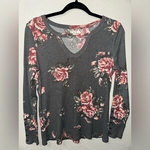 Maurices Women’s Floral Print Long Sleeve Cutout Long John Style Shirt Top